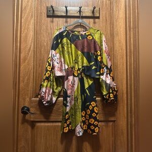 Zara Patchwork Floral Long-Sleeve Mini Dress in Olive Green, Black, Pink, Yellow